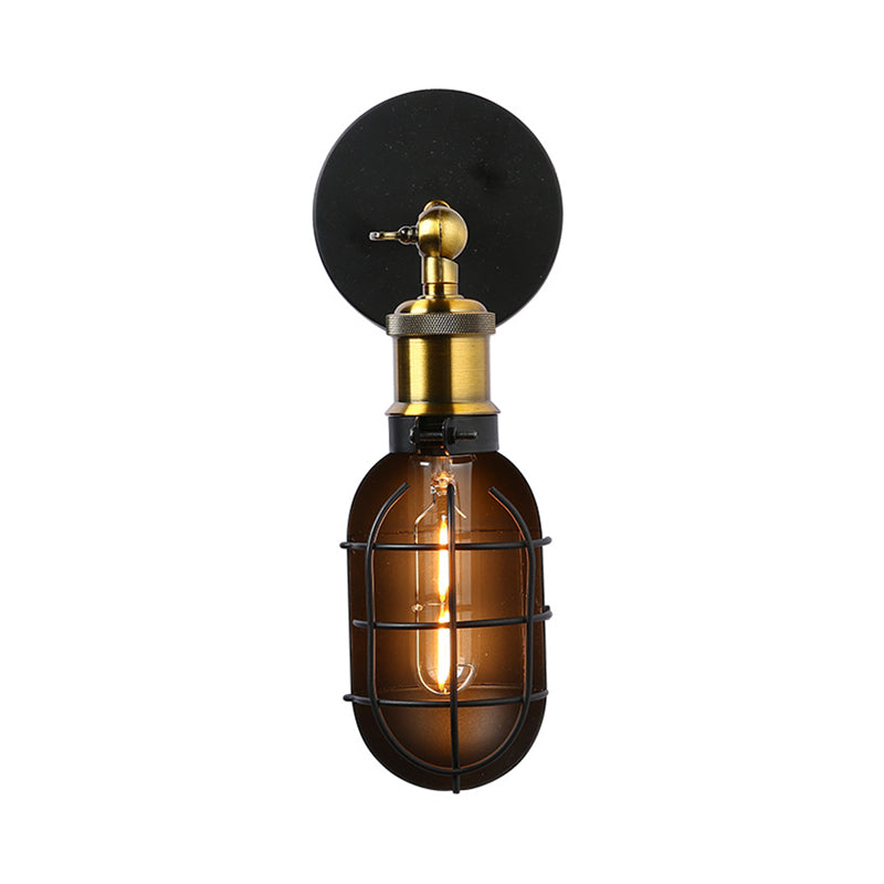 Capsule Cage Restaurant Wall Light Sconce Factory Metal 1 Head Black and Brass Wall Lamp Clearhalo 'Art deco wall lights' 'Cast Iron' 'Glass' 'Industrial wall lights' 'Industrial' 'Middle century wall lights' 'Modern' 'Rustic wall lights' 'Tiffany' 'Traditional wall lights' 'Wall Lamps & Sconces' 'Wall Lights' Lighting' 1473030