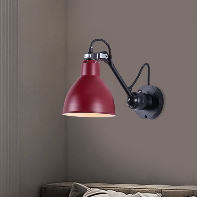 Single Bowl Shade Wall Reading Lamp Industrial Black/Red/Yellow Iron Sconce Light with Swing Arm Red Clearhalo 'Art deco wall lights' 'Cast Iron' 'Glass' 'Industrial wall lights' 'Industrial' 'Middle century wall lights' 'Modern' 'Rustic wall lights' 'Tiffany' 'Traditional wall lights' 'Wall Lamps & Sconces' 'Wall Lights' Lighting' 1473033