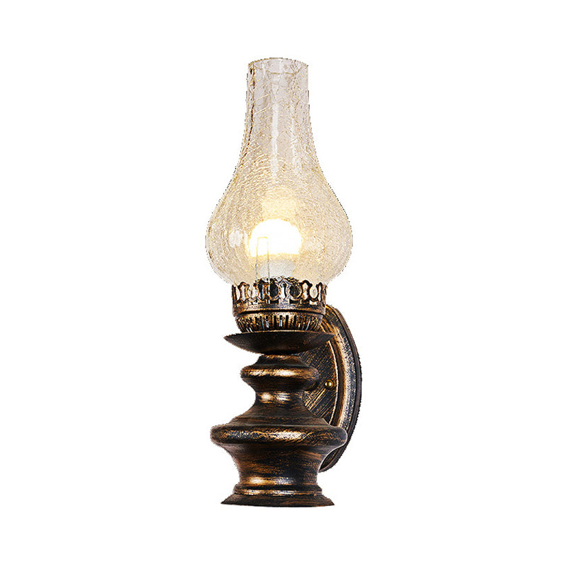 Vintage Kerosene Sconce Lighting 1 Light Clear Crackle Glass Wall Mount Light Fixture in Brass Clearhalo 'Art deco wall lights' 'Cast Iron' 'Glass' 'Industrial wall lights' 'Industrial' 'Middle century wall lights' 'Modern' 'Rustic wall lights' 'Tiffany' 'Traditional wall lights' 'Wall Lamps & Sconces' 'Wall Lights' Lighting' 1473048