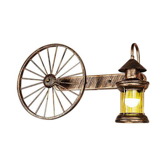 1 Bulb Amber Glass Sconce Coastal Brass Lantern Corner Wall Mounted Light with Wagon Wheel Deco Clearhalo 'Art deco wall lights' 'Cast Iron' 'Glass' 'Industrial wall lights' 'Industrial' 'Middle century wall lights' 'Modern' 'Rustic wall lights' 'Tiffany' 'Traditional wall lights' 'Wall Lamps & Sconces' 'Wall Lights' Lighting' 1473057-sw