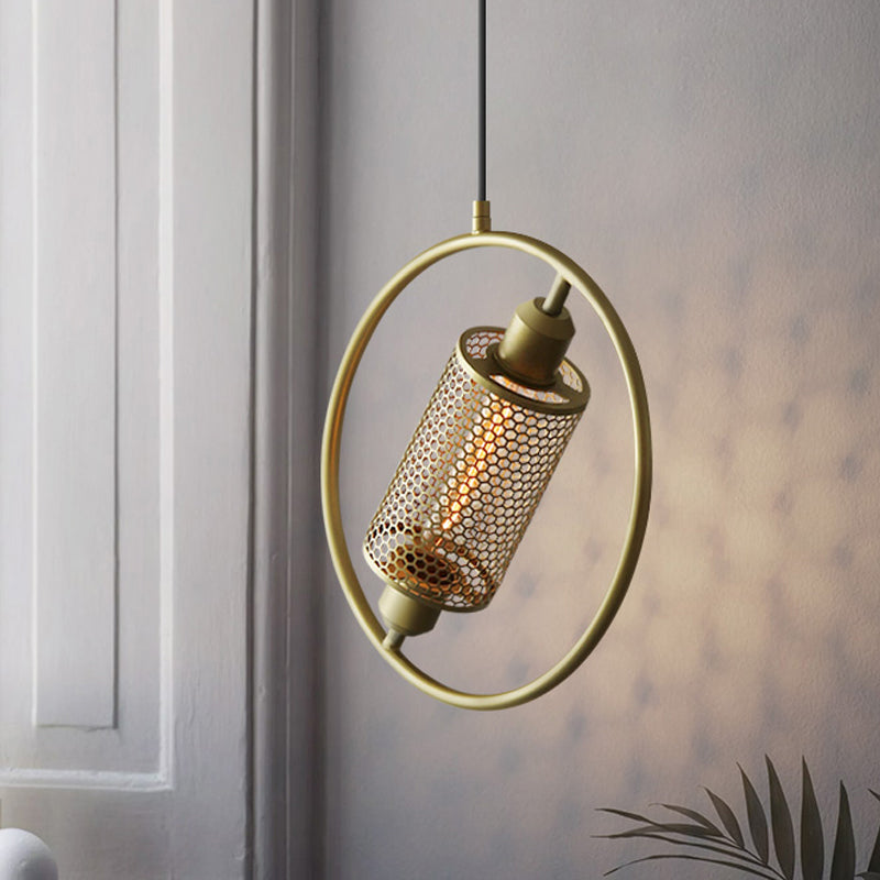 1 Bulb Hanging Ceiling Light Colonial Cylinder Metal Mesh Pendant Lamp with Ring in Black/Gold, 14"/18" Wide Clearhalo 'Ceiling Lights' 'Pendant Lights' 'Pendants' Lighting' 1473080