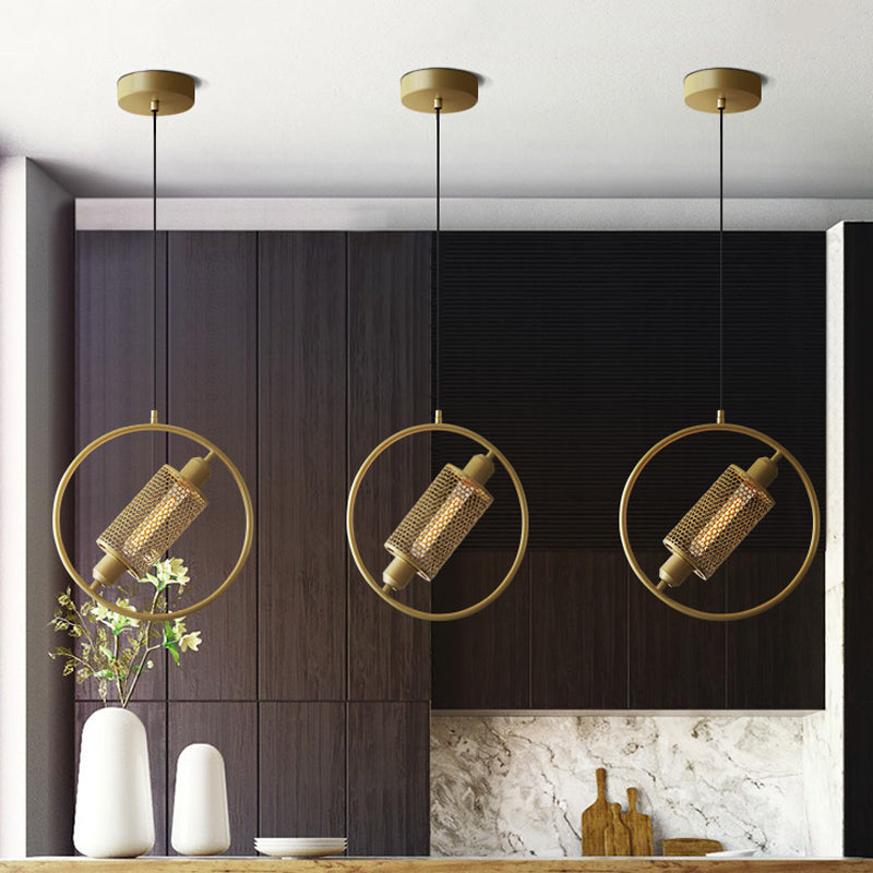 1 Bulb Hanging Ceiling Light Colonial Cylinder Metal Mesh Pendant Lamp with Ring in Black/Gold, 14"/18" Wide Clearhalo 'Ceiling Lights' 'Pendant Lights' 'Pendants' Lighting' 1473081