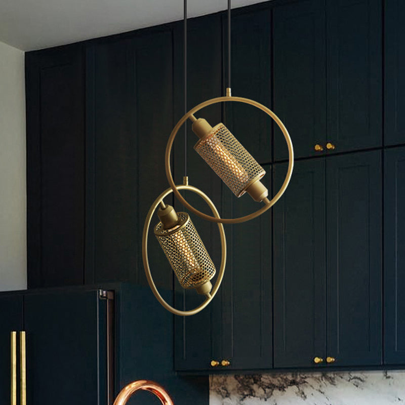 1 Bulb Hanging Ceiling Light Colonial Cylinder Metal Mesh Pendant Lamp with Ring in Black/Gold, 14"/18" Wide Gold 14" Clearhalo 'Ceiling Lights' 'Pendant Lights' 'Pendants' Lighting' 1473082_9ff98910-342a-42f8-8ffc-f6e1c21a845a