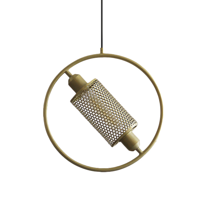 1 Bulb Hanging Ceiling Light Colonial Cylinder Metal Mesh Pendant Lamp with Ring in Black/Gold, 14"/18" Wide Clearhalo 'Ceiling Lights' 'Pendant Lights' 'Pendants' Lighting' 1473083