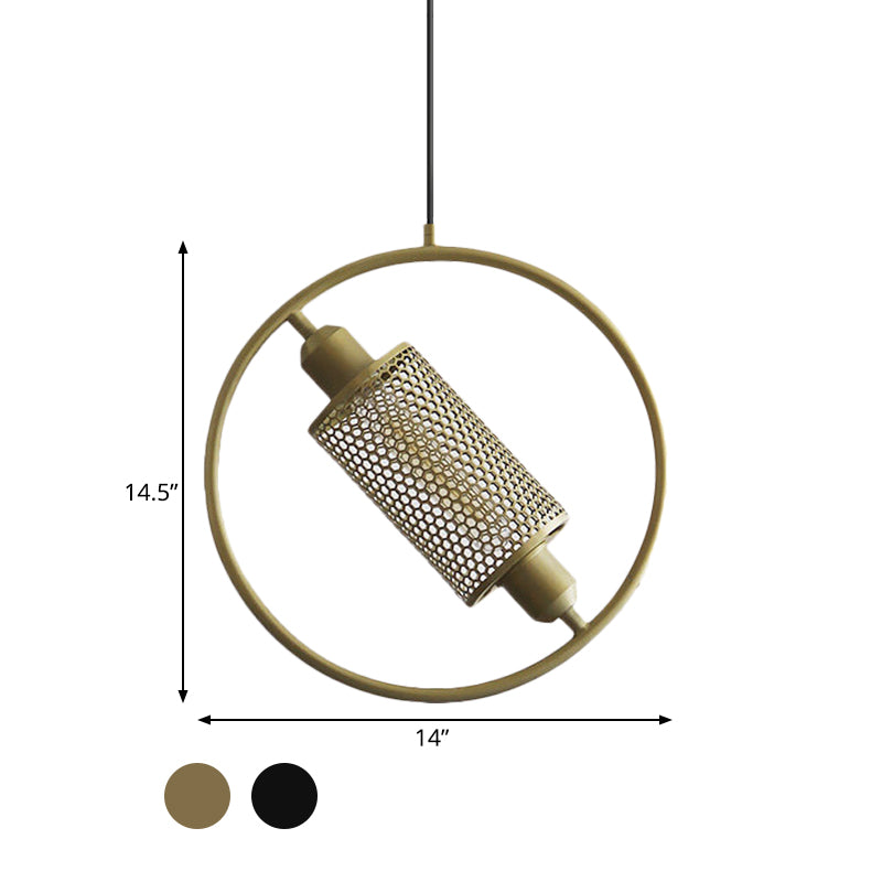 1 Bulb Hanging Ceiling Light Colonial Cylinder Metal Mesh Pendant Lamp with Ring in Black/Gold, 14"/18" Wide Clearhalo 'Ceiling Lights' 'Pendant Lights' 'Pendants' Lighting' 1473084