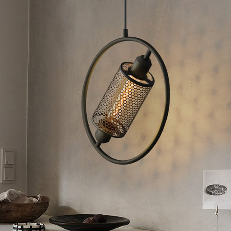 1 Bulb Hanging Ceiling Light Colonial Cylinder Metal Mesh Pendant Lamp with Ring in Black/Gold, 14"/18" Wide Clearhalo 'Ceiling Lights' 'Pendant Lights' 'Pendants' Lighting' 1473085