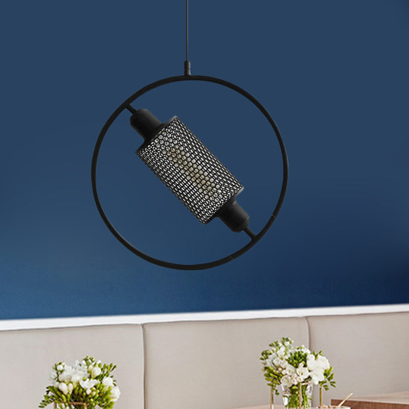 1 Bulb Hanging Ceiling Light Colonial Cylinder Metal Mesh Pendant Lamp with Ring in Black/Gold, 14"/18" Wide Clearhalo 'Ceiling Lights' 'Pendant Lights' 'Pendants' Lighting' 1473086