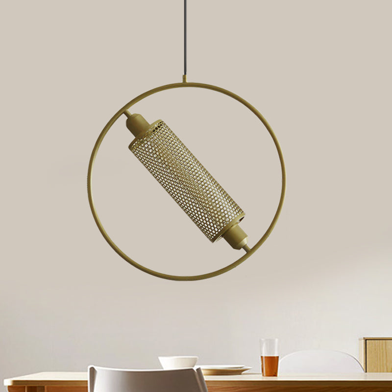 1 Bulb Hanging Ceiling Light Colonial Cylinder Metal Mesh Pendant Lamp with Ring in Black/Gold, 14"/18" Wide Clearhalo 'Ceiling Lights' 'Pendant Lights' 'Pendants' Lighting' 1473089
