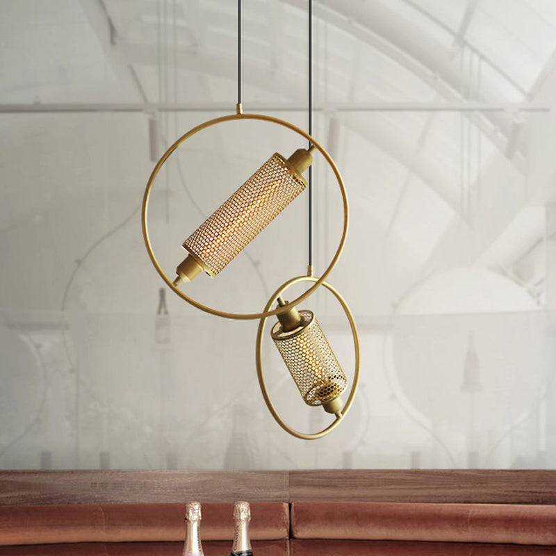 1 Bulb Hanging Ceiling Light Colonial Cylinder Metal Mesh Pendant Lamp with Ring in Black/Gold, 14"/18" Wide Gold 18" Clearhalo 'Ceiling Lights' 'Pendant Lights' 'Pendants' Lighting' 1473091_ddec245f-ccc0-4e86-a9d4-baf6f426f10e