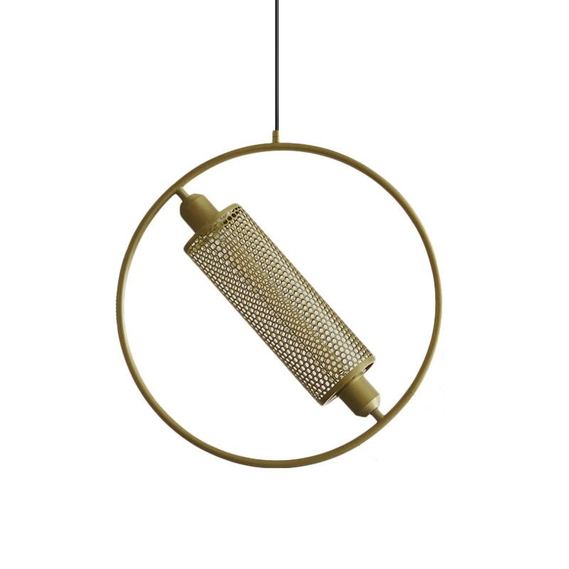 1 Bulb Hanging Ceiling Light Colonial Cylinder Metal Mesh Pendant Lamp with Ring in Black/Gold, 14"/18" Wide Clearhalo 'Ceiling Lights' 'Pendant Lights' 'Pendants' Lighting' 1473092