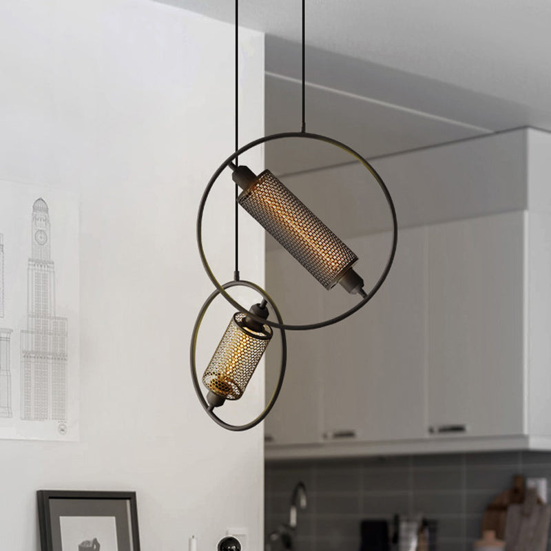 1 Bulb Hanging Ceiling Light Colonial Cylinder Metal Mesh Pendant Lamp with Ring in Black/Gold, 14"/18" Wide Clearhalo 'Ceiling Lights' 'Pendant Lights' 'Pendants' Lighting' 1473096