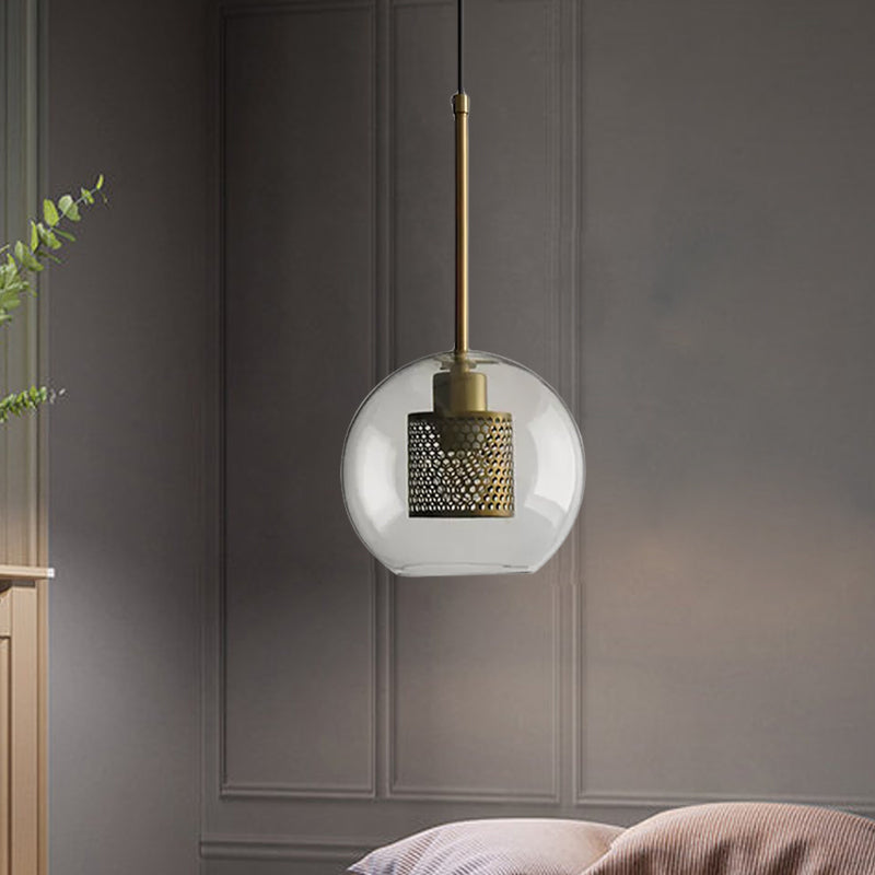 Cylindrical Bedroom Suspension Light Colonial Metal Mesh 1 Bulb Bronze/Silver Gray Pendant with Clear Glass Shade, 8"/9.5"/12" W Clearhalo 'Ceiling Lights' 'Pendant Lights' 'Pendants' Lighting' 1473100