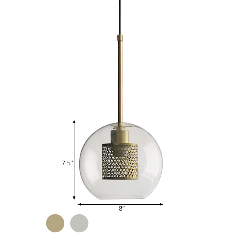 Cylindrical Bedroom Suspension Light Colonial Metal Mesh 1 Bulb Bronze/Silver Gray Pendant with Clear Glass Shade, 8"/9.5"/12" W Clearhalo 'Ceiling Lights' 'Pendant Lights' 'Pendants' Lighting' 1473102