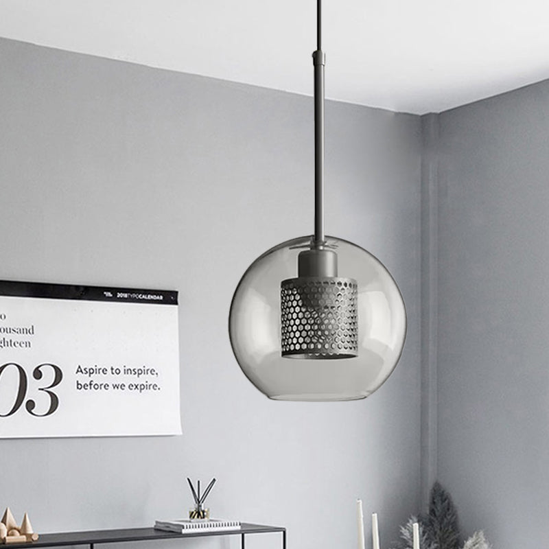 Cylindrical Bedroom Suspension Light Colonial Metal Mesh 1 Bulb Bronze/Silver Gray Pendant with Clear Glass Shade, 8"/9.5"/12" W Clearhalo 'Ceiling Lights' 'Pendant Lights' 'Pendants' Lighting' 1473104