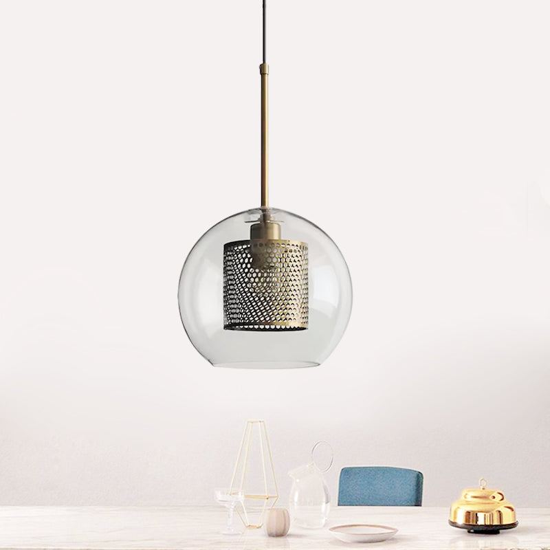 Cylindrical Bedroom Suspension Light Colonial Metal Mesh 1 Bulb Bronze/Silver Gray Pendant with Clear Glass Shade, 8"/9.5"/12" W Clearhalo 'Ceiling Lights' 'Pendant Lights' 'Pendants' Lighting' 1473107