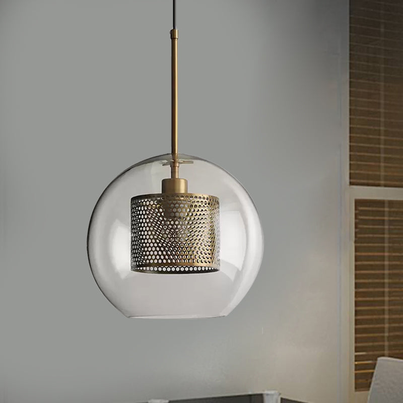 Cylindrical Bedroom Suspension Light Colonial Metal Mesh 1 Bulb Bronze/Silver Gray Pendant with Clear Glass Shade, 8"/9.5"/12" W Clearhalo 'Ceiling Lights' 'Pendant Lights' 'Pendants' Lighting' 1473112