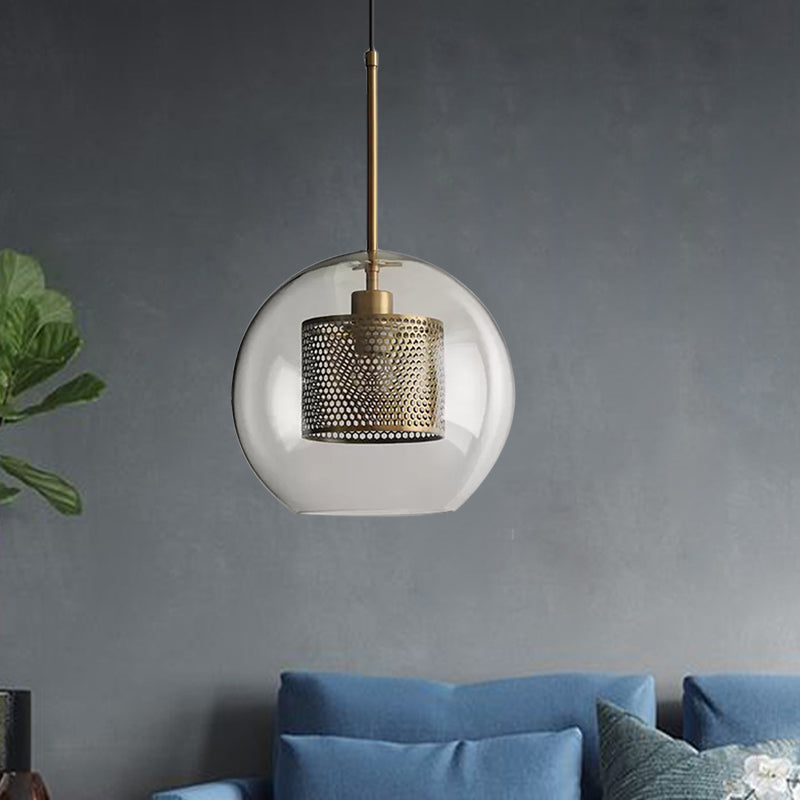 Cylindrical Bedroom Suspension Light Colonial Metal Mesh 1 Bulb Bronze/Silver Gray Pendant with Clear Glass Shade, 8"/9.5"/12" W Clearhalo 'Ceiling Lights' 'Pendant Lights' 'Pendants' Lighting' 1473113