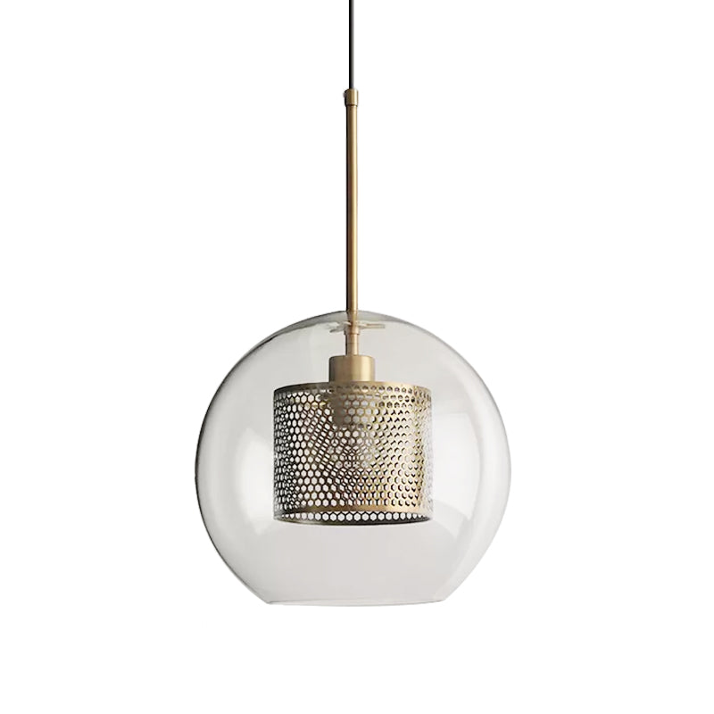 Cylindrical Bedroom Suspension Light Colonial Metal Mesh 1 Bulb Bronze/Silver Gray Pendant with Clear Glass Shade, 8"/9.5"/12" W Clearhalo 'Ceiling Lights' 'Pendant Lights' 'Pendants' Lighting' 1473115