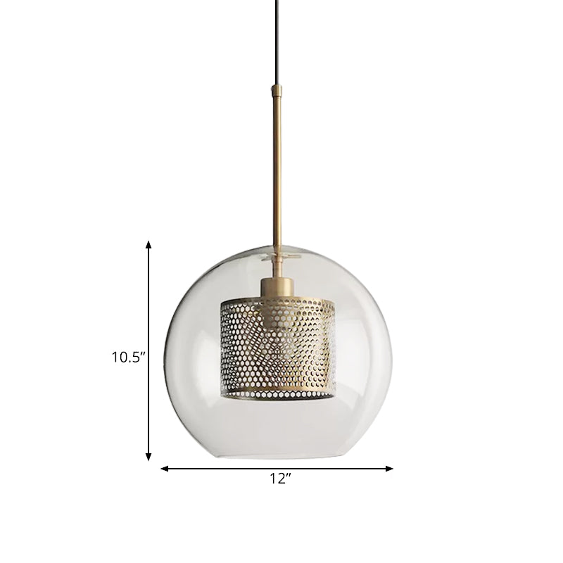 Cylindrical Bedroom Suspension Light Colonial Metal Mesh 1 Bulb Bronze/Silver Gray Pendant with Clear Glass Shade, 8"/9.5"/12" W Clearhalo 'Ceiling Lights' 'Pendant Lights' 'Pendants' Lighting' 1473116