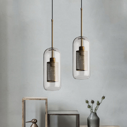 Bronze 1-Head Hanging Lamp Colonial Metal Mesh Cylindrical Pendant with Clear Glass Shade, 20.5"/24.5" Tall Clearhalo 'Ceiling Lights' 'Pendant Lights' 'Pendants' Lighting' 1473119