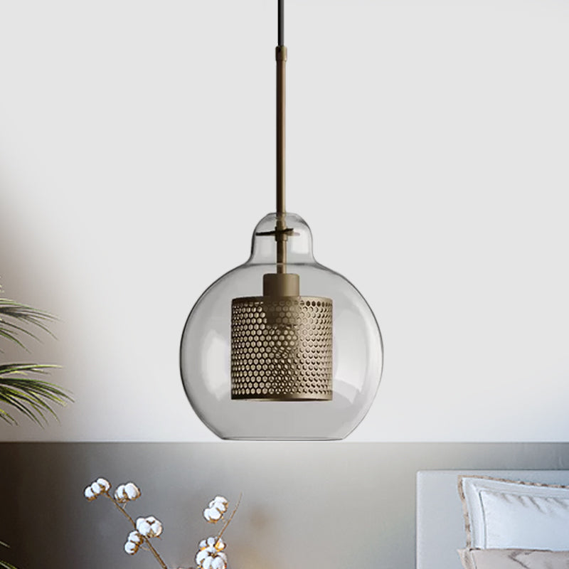 Clear Glass Globe Pendant Colonialism 1 Head Restaurant Down Lighting in Bronze/Silver Gray with Cylinder Metal Mesh, 10"/12" W Clearhalo 'Ceiling Lights' 'Pendant Lights' 'Pendants' Lighting' 1473127