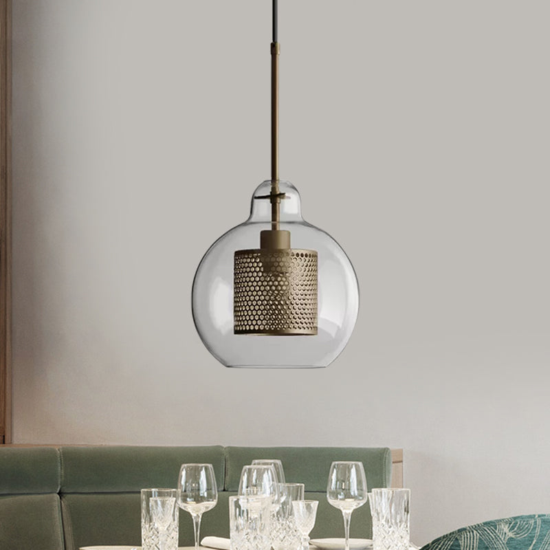 Clear Glass Globe Pendant Colonialism 1 Head Restaurant Down Lighting in Bronze/Silver Gray with Cylinder Metal Mesh, 10"/12" W Clearhalo 'Ceiling Lights' 'Pendant Lights' 'Pendants' Lighting' 1473128