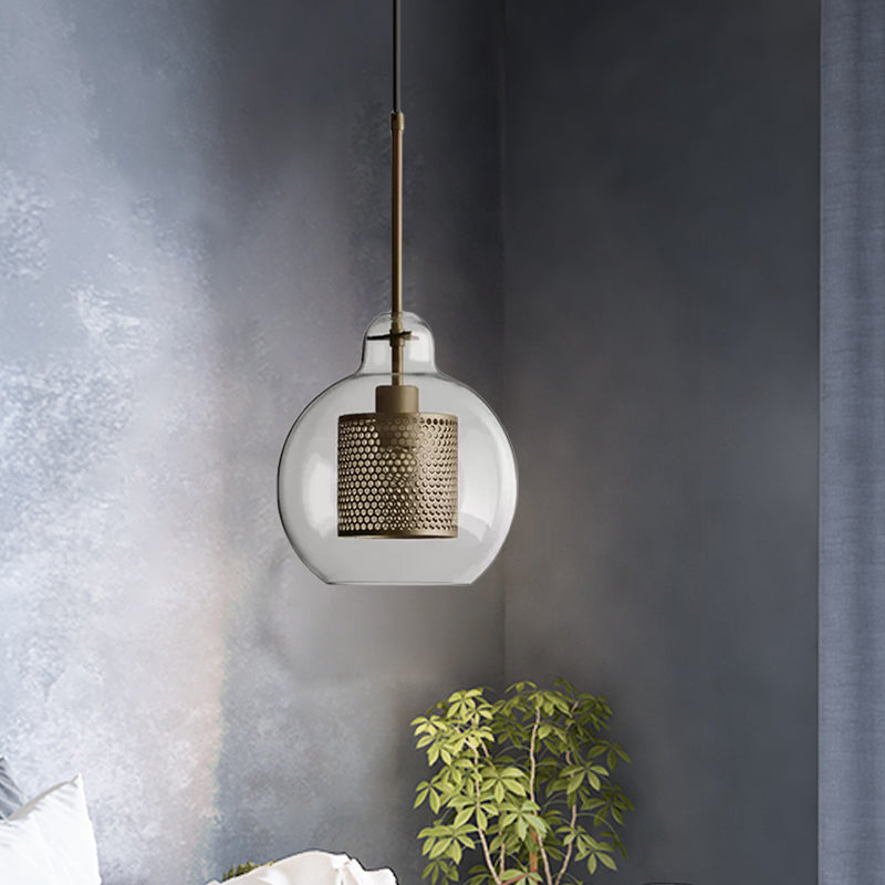 Clear Glass Globe Pendant Colonialism 1 Head Restaurant Down Lighting in Bronze/Silver Gray with Cylinder Metal Mesh, 10"/12" W Clearhalo 'Ceiling Lights' 'Pendant Lights' 'Pendants' Lighting' 1473129