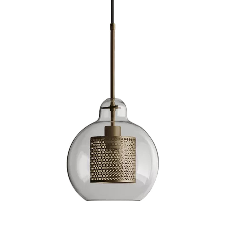 Clear Glass Globe Pendant Colonialism 1 Head Restaurant Down Lighting in Bronze/Silver Gray with Cylinder Metal Mesh, 10"/12" W Clearhalo 'Ceiling Lights' 'Pendant Lights' 'Pendants' Lighting' 1473130