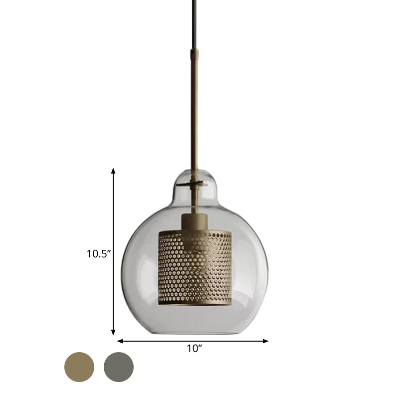 Clear Glass Globe Pendant Colonialism 1 Head Restaurant Down Lighting in Bronze/Silver Gray with Cylinder Metal Mesh, 10"/12" W Clearhalo 'Ceiling Lights' 'Pendant Lights' 'Pendants' Lighting' 1473131