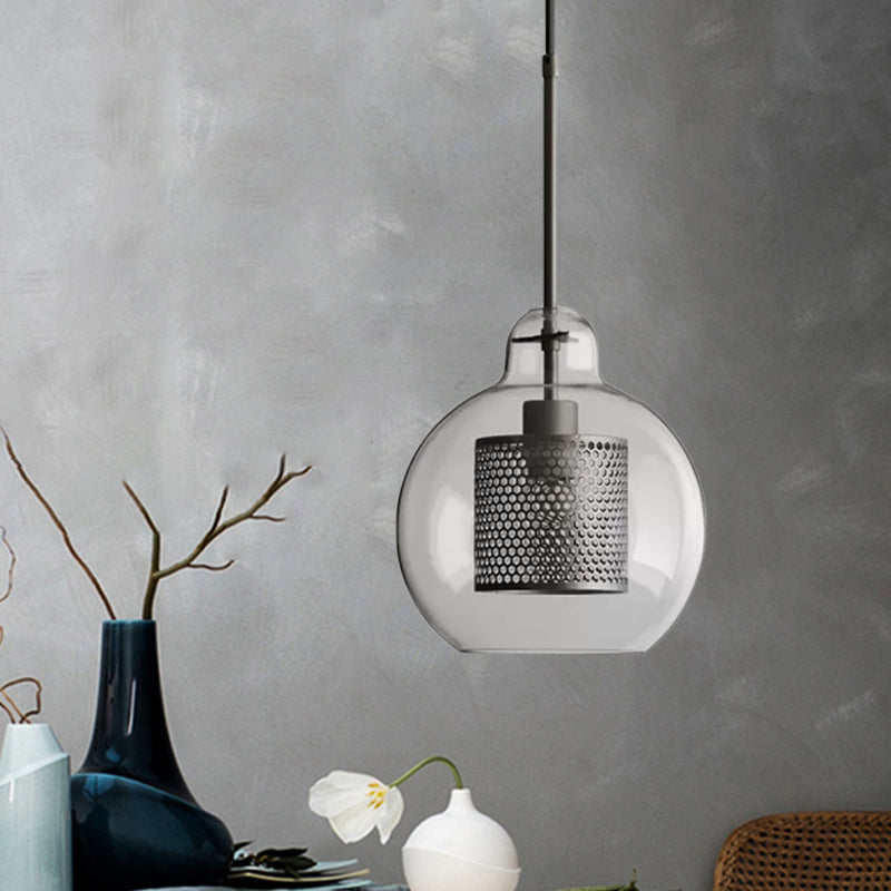 Clear Glass Globe Pendant Colonialism 1 Head Restaurant Down Lighting in Bronze/Silver Gray with Cylinder Metal Mesh, 10"/12" W Clearhalo 'Ceiling Lights' 'Pendant Lights' 'Pendants' Lighting' 1473132