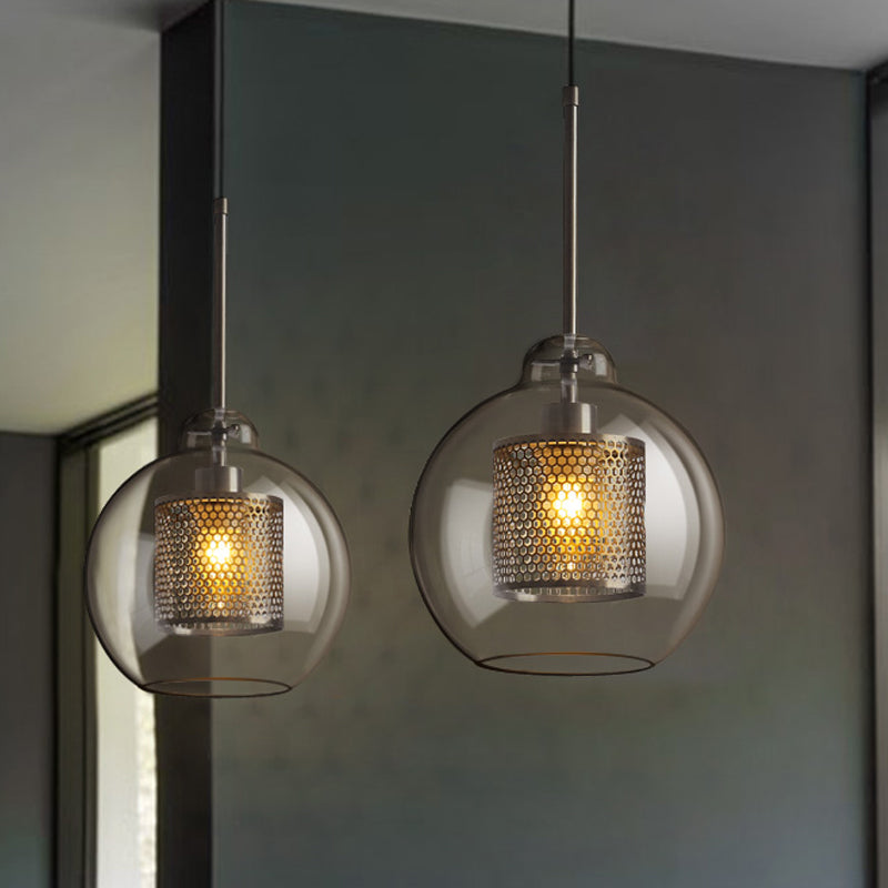 Clear Glass Globe Pendant Colonialism 1 Head Restaurant Down Lighting in Bronze/Silver Gray with Cylinder Metal Mesh, 10"/12" W Clearhalo 'Ceiling Lights' 'Pendant Lights' 'Pendants' Lighting' 1473134