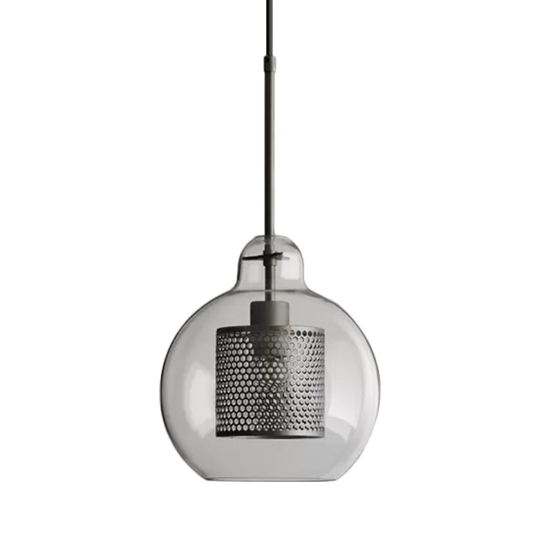 Clear Glass Globe Pendant Colonialism 1 Head Restaurant Down Lighting in Bronze/Silver Gray with Cylinder Metal Mesh, 10"/12" W Clearhalo 'Ceiling Lights' 'Pendant Lights' 'Pendants' Lighting' 1473135