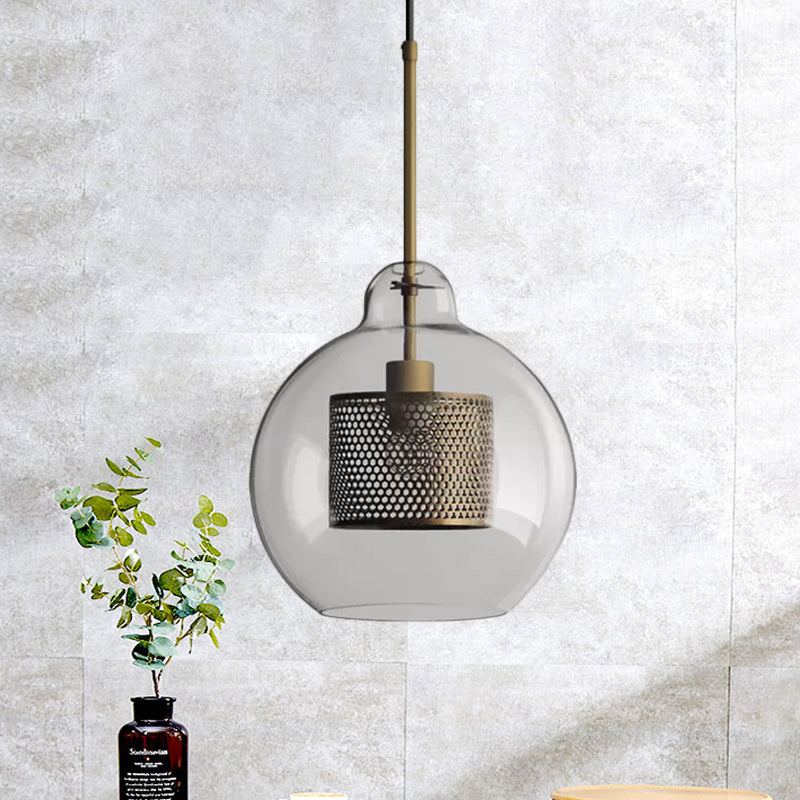 Clear Glass Globe Pendant Colonialism 1 Head Restaurant Down Lighting in Bronze/Silver Gray with Cylinder Metal Mesh, 10"/12" W Clearhalo 'Ceiling Lights' 'Pendant Lights' 'Pendants' Lighting' 1473136