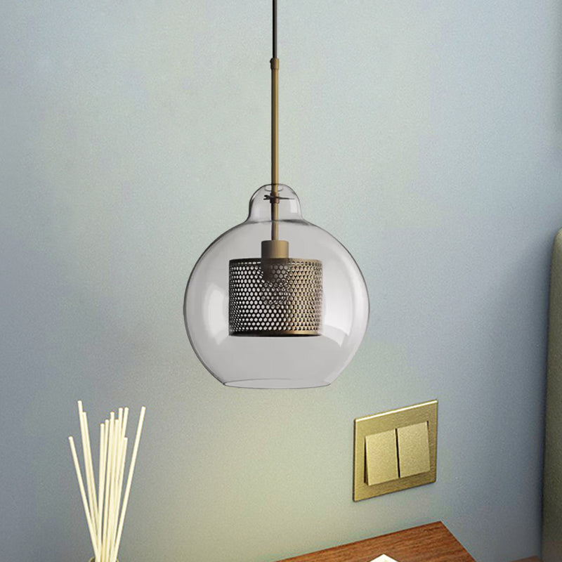 Clear Glass Globe Pendant Colonialism 1 Head Restaurant Down Lighting in Bronze/Silver Gray with Cylinder Metal Mesh, 10"/12" W Clearhalo 'Ceiling Lights' 'Pendant Lights' 'Pendants' Lighting' 1473137