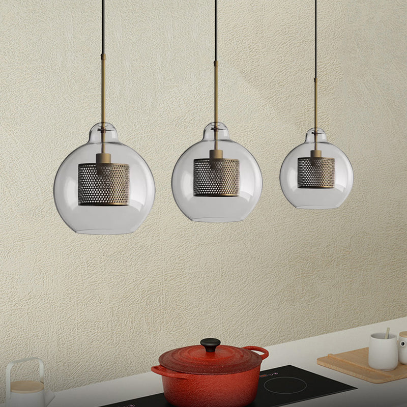 Clear Glass Globe Pendant Colonialism 1 Head Restaurant Down Lighting in Bronze/Silver Gray with Cylinder Metal Mesh, 10"/12" W Clearhalo 'Ceiling Lights' 'Pendant Lights' 'Pendants' Lighting' 1473138