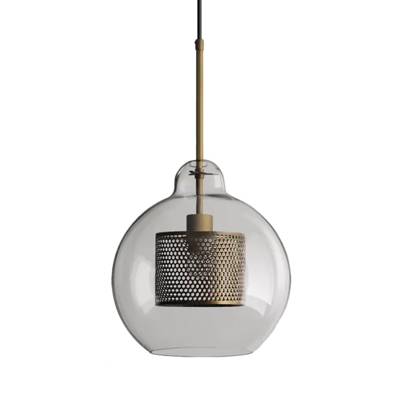 Clear Glass Globe Pendant Colonialism 1 Head Restaurant Down Lighting in Bronze/Silver Gray with Cylinder Metal Mesh, 10"/12" W Clearhalo 'Ceiling Lights' 'Pendant Lights' 'Pendants' Lighting' 1473139