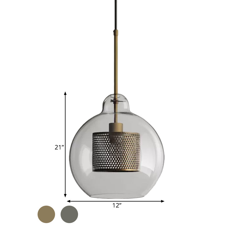 Clear Glass Globe Pendant Colonialism 1 Head Restaurant Down Lighting in Bronze/Silver Gray with Cylinder Metal Mesh, 10"/12" W Clearhalo 'Ceiling Lights' 'Pendant Lights' 'Pendants' Lighting' 1473140