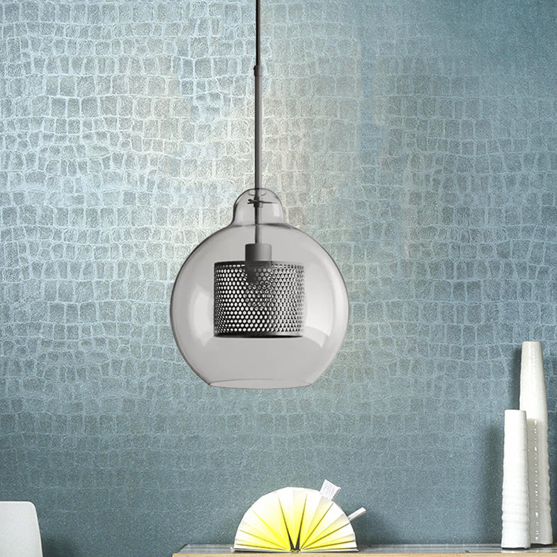 Clear Glass Globe Pendant Colonialism 1 Head Restaurant Down Lighting in Bronze/Silver Gray with Cylinder Metal Mesh, 10"/12" W Clearhalo 'Ceiling Lights' 'Pendant Lights' 'Pendants' Lighting' 1473142