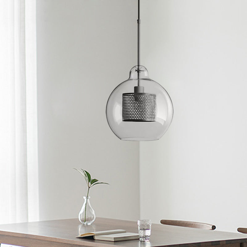 Clear Glass Globe Pendant Colonialism 1 Head Restaurant Down Lighting in Bronze/Silver Gray with Cylinder Metal Mesh, 10"/12" W Clearhalo 'Ceiling Lights' 'Pendant Lights' 'Pendants' Lighting' 1473143