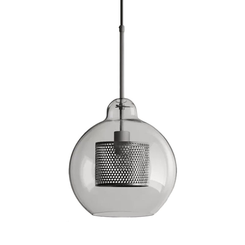 Clear Glass Globe Pendant Colonialism 1 Head Restaurant Down Lighting in Bronze/Silver Gray with Cylinder Metal Mesh, 10"/12" W Clearhalo 'Ceiling Lights' 'Pendant Lights' 'Pendants' Lighting' 1473144