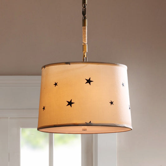 Drum Fabric Chandelier Light Fixture Kids 5 Bulbs Beige Suspension Lighting with Star Pattern for Bedroom Clearhalo 'Ceiling Lights' 'Chandeliers' Lighting' options 1473197