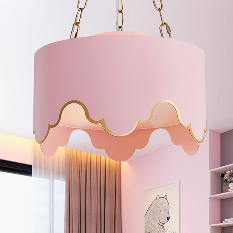 Drum Pendant Ceiling Light Kids Iron 1 Bulb Pink Suspension Lamp with Ruffled Edge for Nursery Pink Clearhalo 'Ceiling Lights' 'Pendant Lights' 'Pendants' Lighting' 1473202_39d65b4f-f1dd-483c-97b2-ebf85bf13901