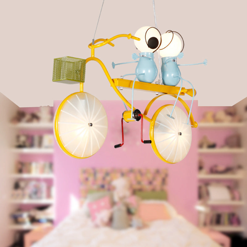 Metal Bicycle Chandelier Lamp Kids LED Yellow Hanging Pendant Light with Frosted Glass Shade Clearhalo 'Ceiling Lights' 'Chandeliers' Lighting' options 1473208