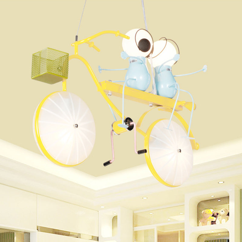 Metal Bicycle Chandelier Lamp Kids LED Yellow Hanging Pendant Light with Frosted Glass Shade Clearhalo 'Ceiling Lights' 'Chandeliers' Lighting' options 1473209