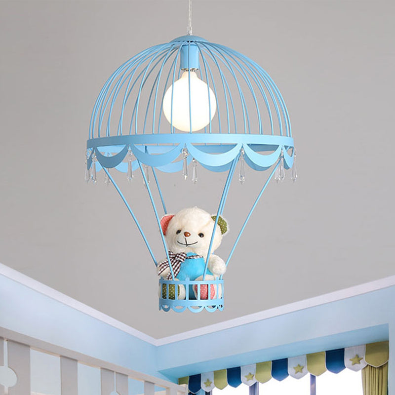 Hot Air Balloon Ceiling Light Kids Iron 1 Light Pink/Blue Hanging Pendant Lamp with Bear Decoration Blue Clearhalo 'Ceiling Lights' 'Pendant Lights' 'Pendants' Lighting' 1473236_dbccc0b9-97dd-4523-9429-6fb760c01741