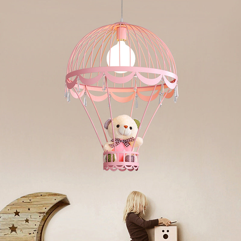 Hot Air Balloon Ceiling Light Kids Iron 1 Light Pink/Blue Hanging Pendant Lamp with Bear Decoration Pink Clearhalo 'Ceiling Lights' 'Pendant Lights' 'Pendants' Lighting' 1473241_fbfb79d0-cd60-4cb2-a0ad-07b96988bd94