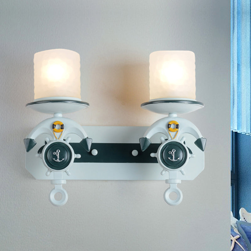 Opal Glass Cylinder Sconce Fixture Kids 1/2-Bulb Water Blue Wall Mounted Lamp with Anchor Shaped Arm Clearhalo 'Wall Lamps & Sconces' 'Wall Lights' Lighting' 1473333