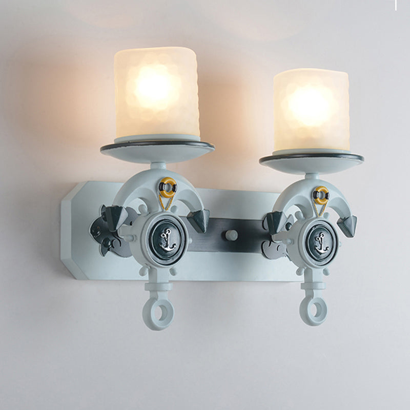 Opal Glass Cylinder Sconce Fixture Kids 1/2-Bulb Water Blue Wall Mounted Lamp with Anchor Shaped Arm 2.0 Water Blue Clearhalo 'Wall Lamps & Sconces' 'Wall Lights' Lighting' 1473335