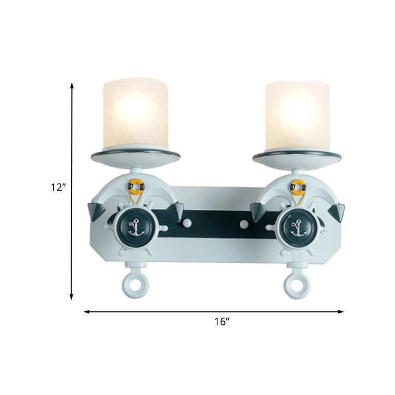 Opal Glass Cylinder Sconce Fixture Kids 1/2-Bulb Water Blue Wall Mounted Lamp with Anchor Shaped Arm Clearhalo 'Wall Lamps & Sconces' 'Wall Lights' Lighting' 1473337