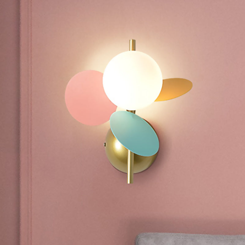 Leaf Bedside Wall Lighting Ideas Iron 1 Light Macaron Style Sconce in White/Red-Yellow-Blue with Ball Cream Glass Shade Red-Yellow-Blue Clearhalo 'Wall Lamps & Sconces' 'Wall Lights' Lighting' 1473344